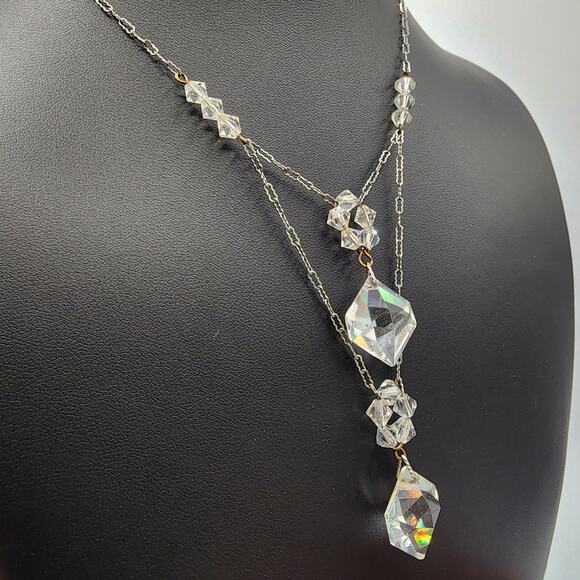 1920s Art Deco Crystal Lavalier Necklace Y Drop Leaded Glass Crinkle Link Chain - Picture 2 of 8